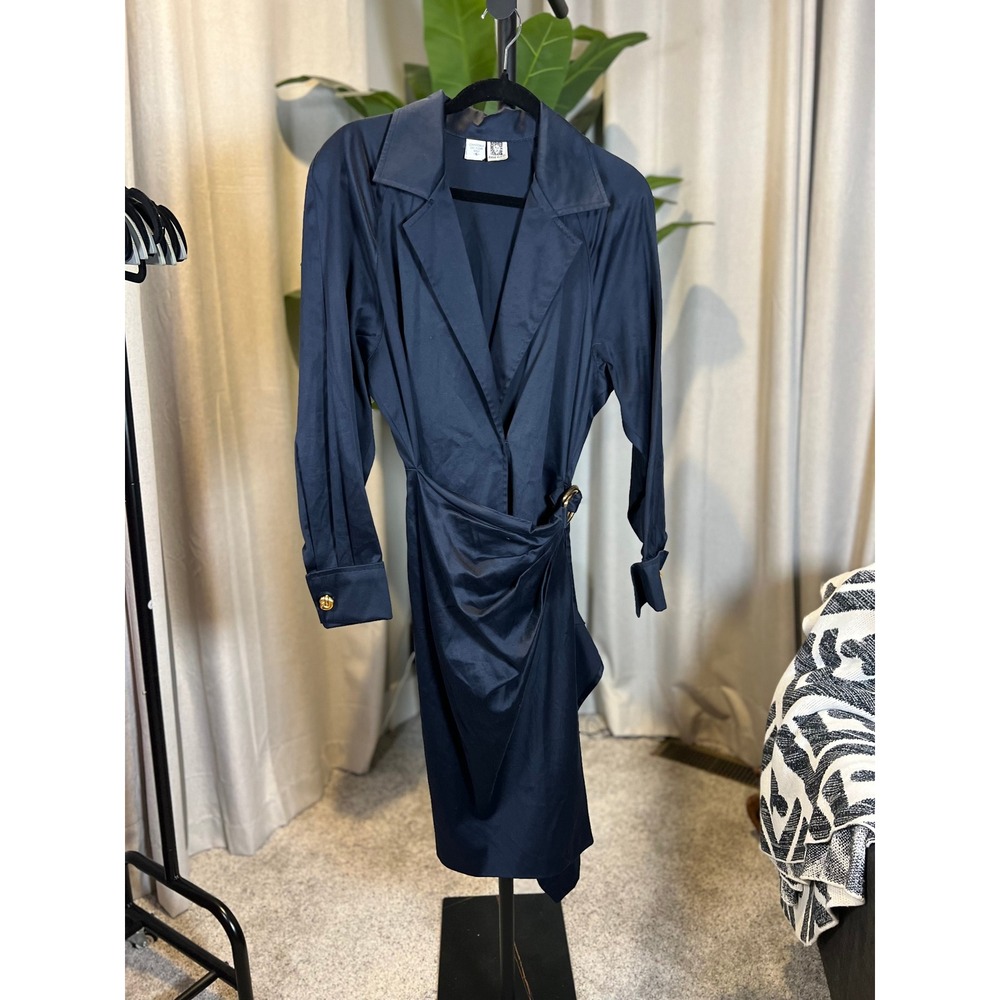 Anne Klein Navy Blue Wrap Dress Gold Buckle Draped Long Sleeve Career Size 6